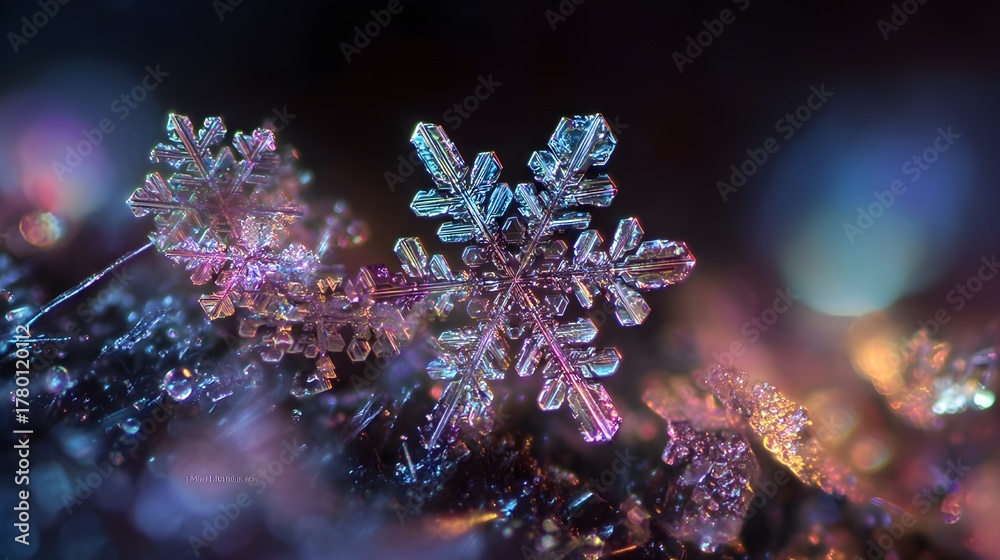Obraz premium Macro Close-up of Iridescent Snowflake Crystal with Vibrant Pink and Purple Bokeh