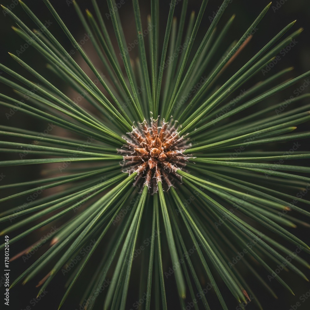 Fototapeta premium Extreme view shows radial pattern of evergreen needles surrounding a central bud structure
