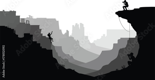 Canyon Rappelling Photographers Cityscape Monochrome Silhouette Adventure Black Vector Art
