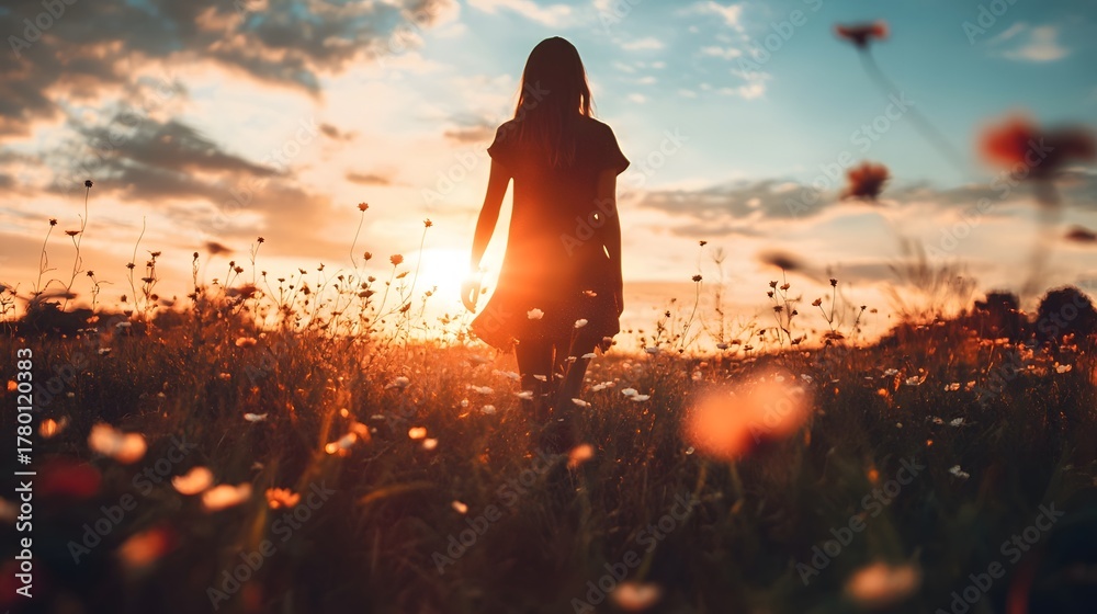 Naklejka premium Silhouette of a woman walking towards the sunset in a field of wildflowers.