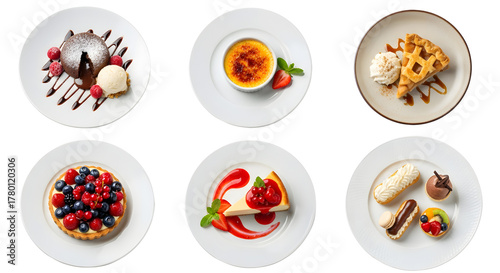  Set of six gourmet plated desserts lava cake, cheesecake, tarts, and crème brûlée, isolated top view