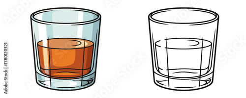 Cartoon style illustrations of a classic short whiskey tumbler glass filled with amber liquor, one colored and one black outline drawing