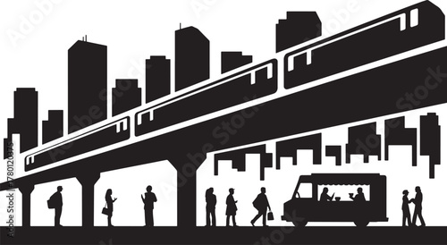 City Transit Elevated Train Silhouette Urban Commute Skyline Scene