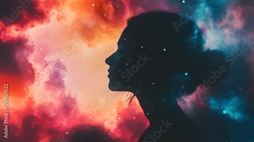 Silhouette of a woman's face against a colorful nebula background.