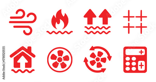 Red Icons: Wind, Fire, Heat, Grid, House, Fan, Calculator