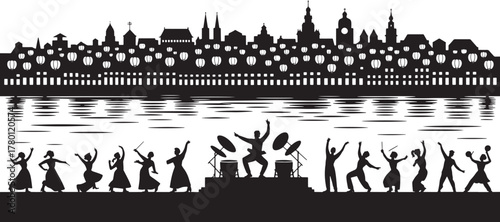 Cityscape Vector Silhouette Waterfront Drummers Dancers Celebration Performers Harmony