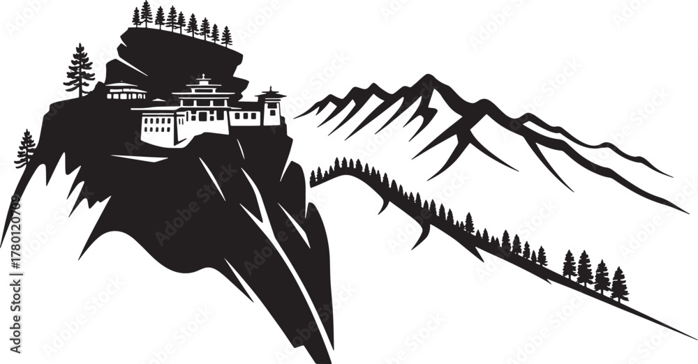 Fototapeta premium Detailed Mountain Range Silhouette with Cliffside Buildings and Forest Against a Transparency