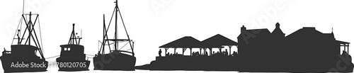 Detailed Harbor Silhouette featuring Fishing Boats Restaurants Structures on Waterfront Setting Vector