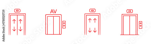 Red Line Art Icons of Elevators with Arrows and Buttons
