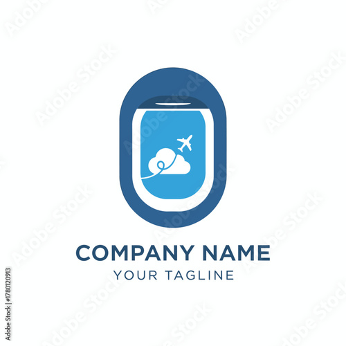 Airplane Window View of Cloud and Plane Logo.