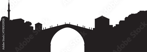 Iconic Stari Most Bridge Mostar Bosnia Herzegovina City Skyline Silhouette Vector Illustration