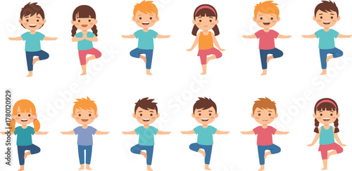 Cartoon children yoga tree pose, kids mindfulness illustration, physical activity concept, healthy balance exercise, cad drawing flat vector illustration