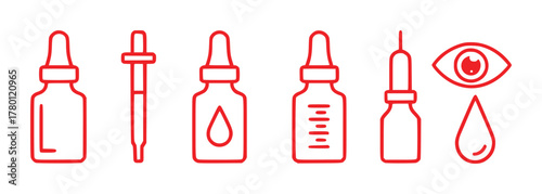Red Line Icons of Eyedroppers, Bottles, and Eye Care Symbols