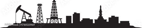 Industrial Silhouette Skyline Graphic View of Oil Wells Towers Cityscape Background