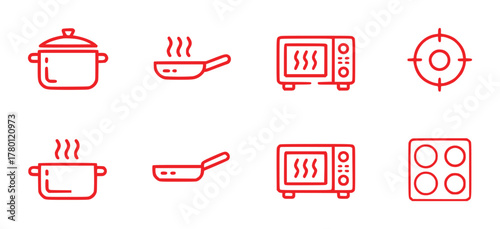 Red Line Icons of Kitchen Appliances and Cookware on White Background