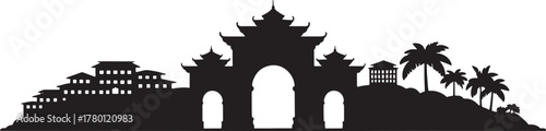 Intricate Architectural Skyline Silhouette featuring Pagodas and Houses with Palm Trees