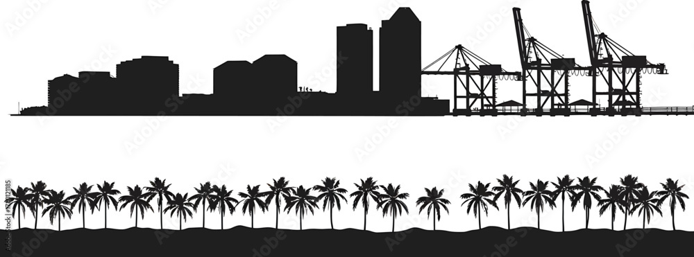 Naklejka premium Miami Skyline Silhouette with Palm Trees Dock Cranes Panoramic Urban Cityscape