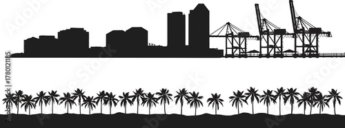 Miami Skyline Silhouette with Palm Trees Dock Cranes Panoramic Urban Cityscape