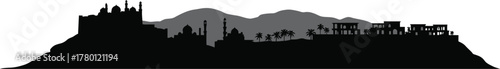 Middle Eastern Skyline Panorama Silhouette against Checkered Background Landscape Architecture