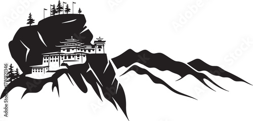 Mountain Vector Silhouette Bhutan Cliff Landscape Building Forest Scenery Architecture