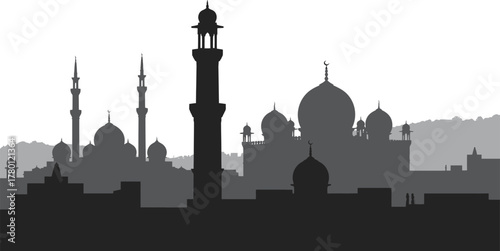 Mosque Skyline Silhouette Minarets Domes Urban City Scene Islamic Architecture