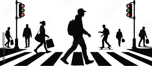 People Crossing Street Silhouette Urban Pedestrian Crossing with Traffic Lights