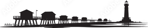 Pier and Lighthouse Silhouette Coastal Seascape Nautical Vector Design Illustration