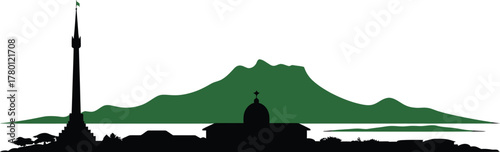 Sabah Skyline Silhouette Vector, Television Tower, Mountain Kinabalu and Building Landmarks