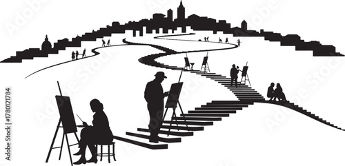 Scenic Cityscape Artists En Plein Air Up Winding Steps Silhouette Visual Representation