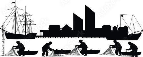 Silhouette of Fishing Town and Fishermen Casting Nets Vector Illustration Nautical Art