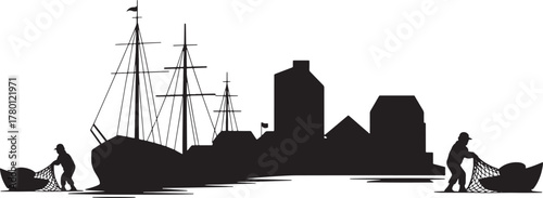 Silhouette of Fishing Village with Sailboats and Fisherman Vector Art Nautical Scene Design