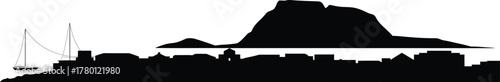 Silhouette of Gibraltar Skyline with Buildings, Sailboat, and Rock Formation Vector Illustration