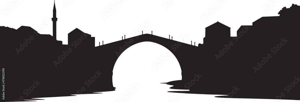 Fototapeta premium Stari Most Bridge Mostar Bosnia Herzegovina Reflection, Cityscape Skyline Silhouette Vector