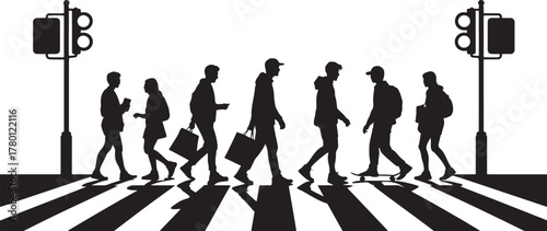 Silhouetted People Cross Street Under Traffic Lights Safe Urban Pedestrian Crossing Zone