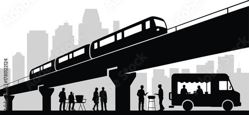 Silhouetted Urban Elevated Train Scene with Food Truck Illustration Black and White Art