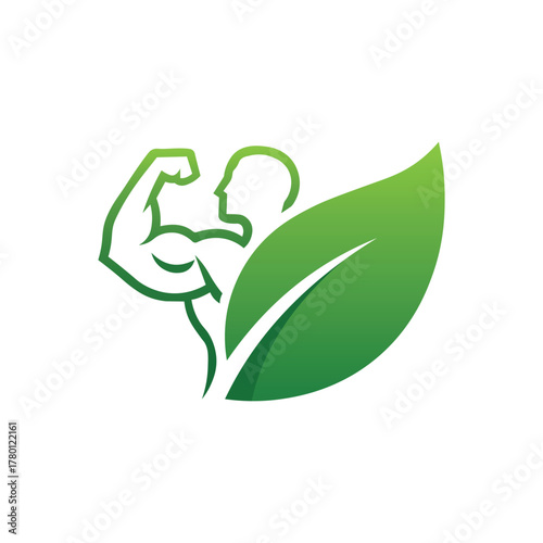 Outline of a fit man flexing his arm next to a green leaf symbol
