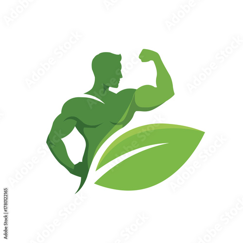 Green silhouette of a muscular man flexing arm with a leaf