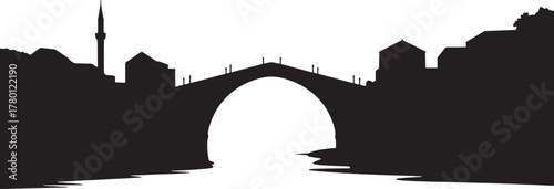 Stari Most Bridge Mostar Bosnia Herzegovina Reflection, Cityscape Skyline Silhouette Vector