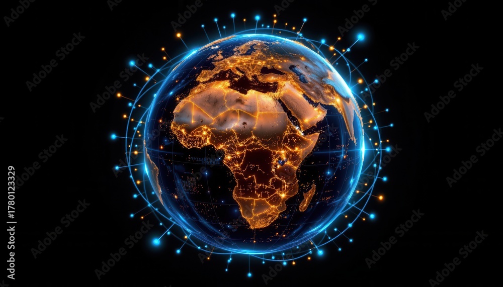 Obraz premium Digital Earth Representation with Network Connections and Glowing Elements Showcasing Africa and Global Technology Concept
