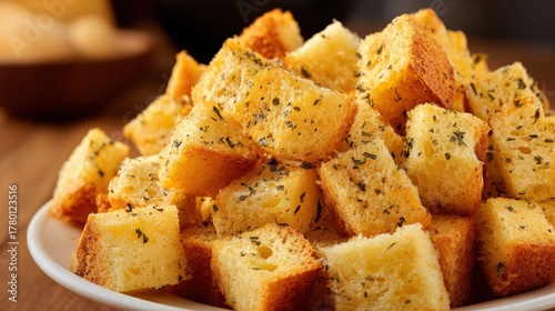 Pile of golden croutons seasoned with herbs on a white plate, perfect for salads and soups