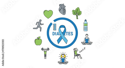 Manage diabetes with a healthy lifestyle featuring exercise, balanced nutrition, restorative sleep, and mindful meditation for optimal well-being