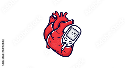 Vibrant human heart illustration paired with a glucose meter, symbolizing diabetes awareness and cardiovascular health management for medical campaigns.