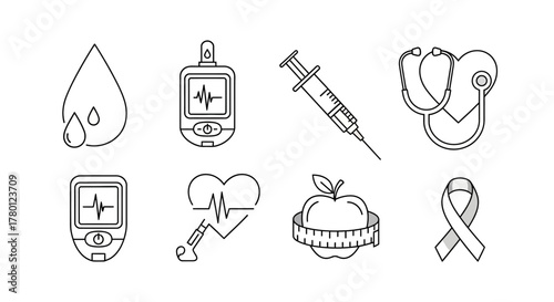 Essential medical icons for health awareness, diabetes management, and wellness campaigns offering clear visual communication for healthcare.
