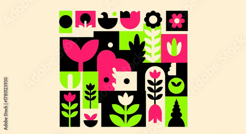 Geometric Garden A Modern Floral Mosaic with Bold Colors