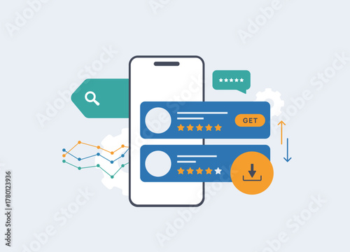 Mobile app marketplace optimization concept with star ratings, user reviews, download buttons, search bars, and app store analytics charts improving visibility and engagement, vector illustration.