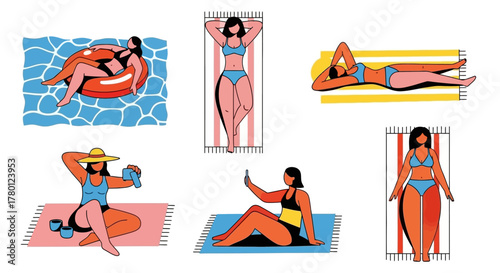 People Sunbathing on Beach Towels and Inflatable Rings by Pool, Top View Vacation Relaxation