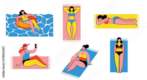 Sunbathers on Beach Diverse People Relaxing in Summer Illustration