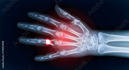 X-ray Hand Displaying Fracture with Red Highlighting on Transparent Background