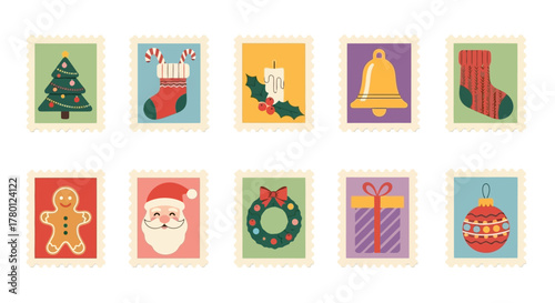 Vintage Christmas Stamps Collection Festive Holiday Icons for Cards and Crafts