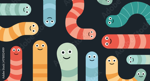 Cartoon Worms with Cheerful Smiles on a Dark Background